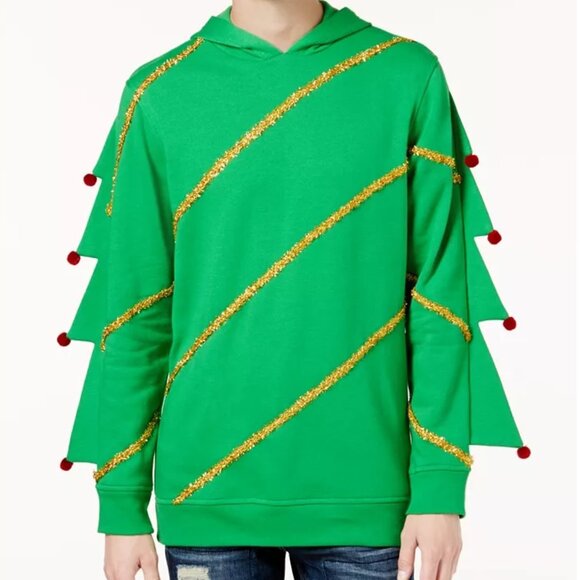 American Rag Unisex L Christmas Tree Hoodie Tinsel Pom Poms Ugly Sweater - Picture 3 of 9